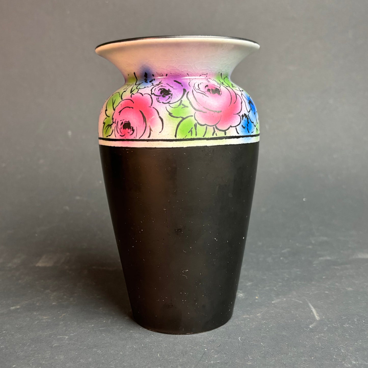 Shelley England Black Vase with Hand Painted Floral Band Reg. 73706 c.1920s