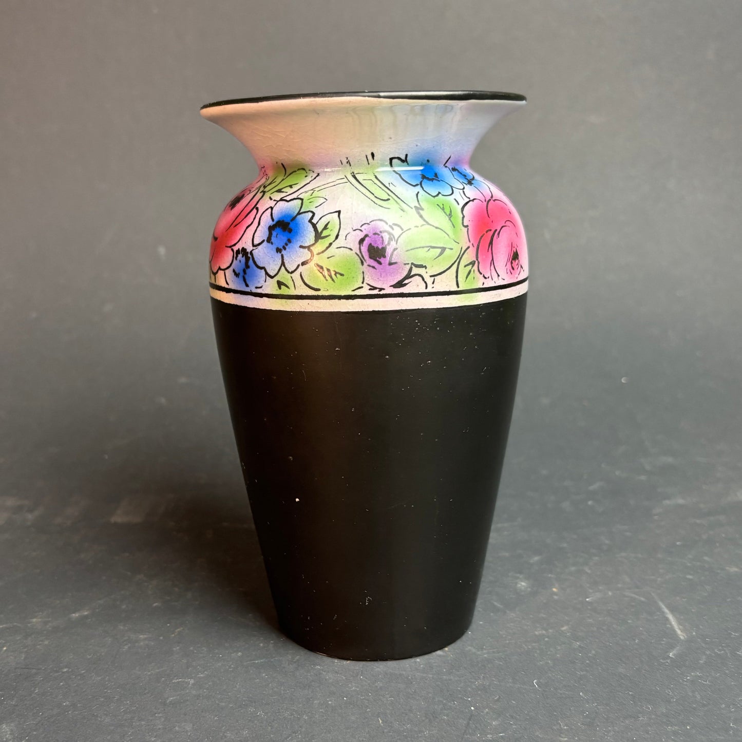 Shelley England Black Vase with Hand Painted Floral Band Reg. 73706 c.1920s