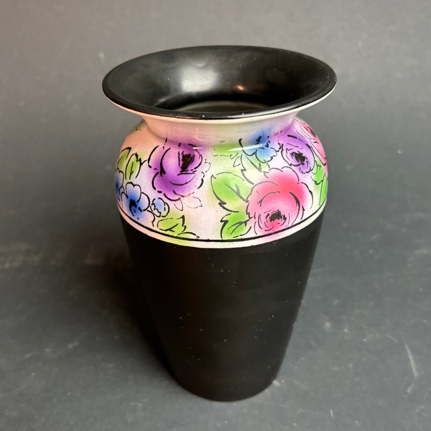 Shelley England Black Vase with Hand Painted Floral Band Reg. 73706 c.1920s