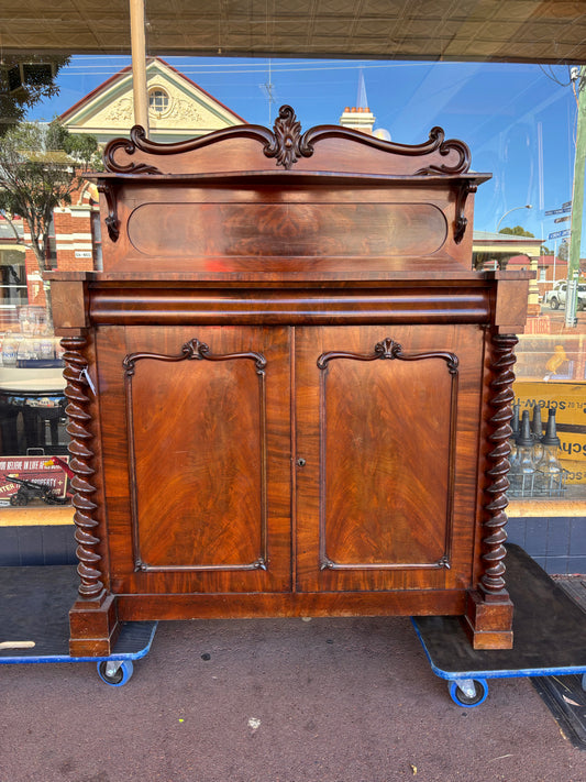 Victorian flame mahogany chiffonier with barley twist columns