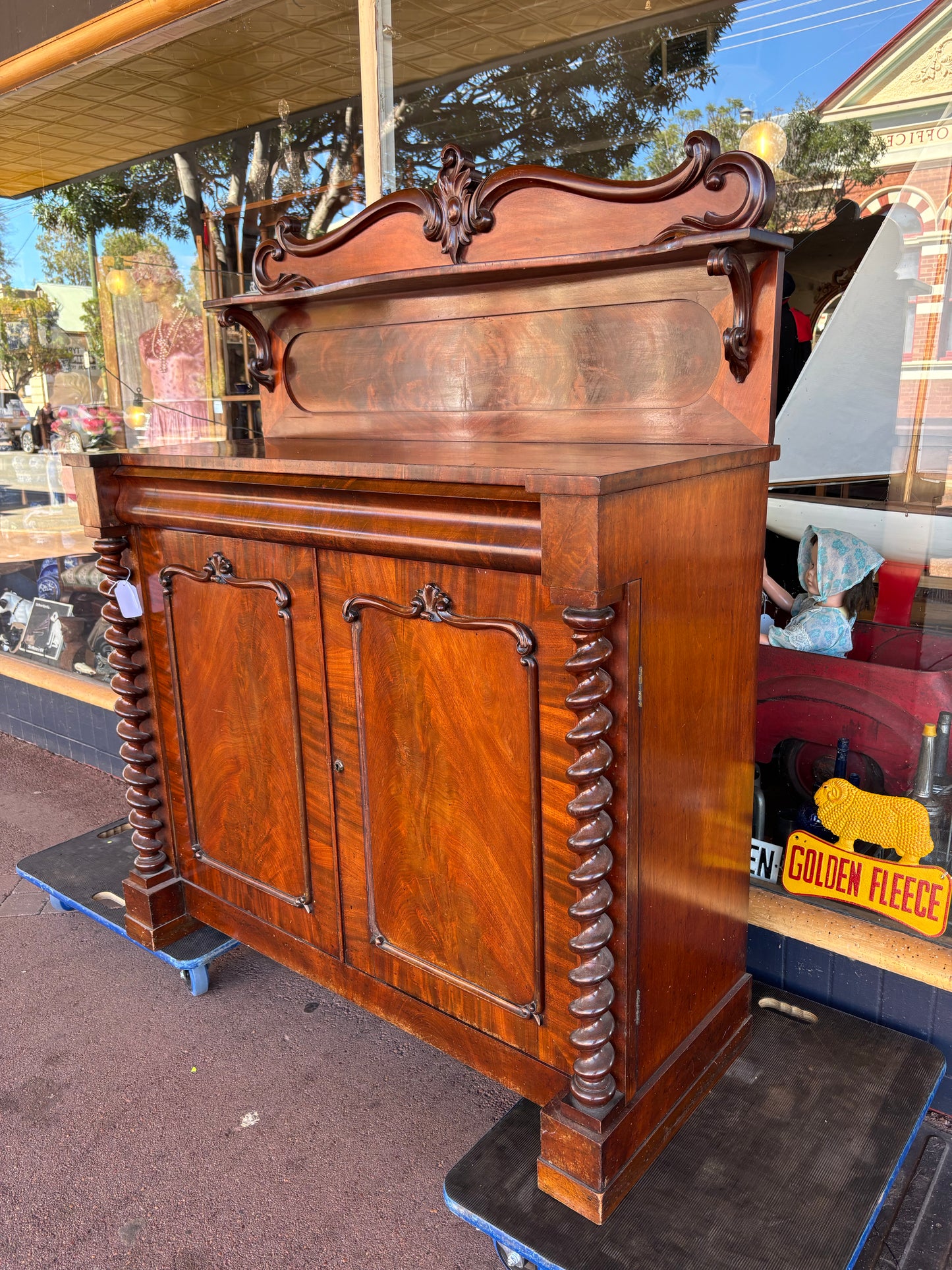 Victorian flame mahogany chiffonier with barley twist columns