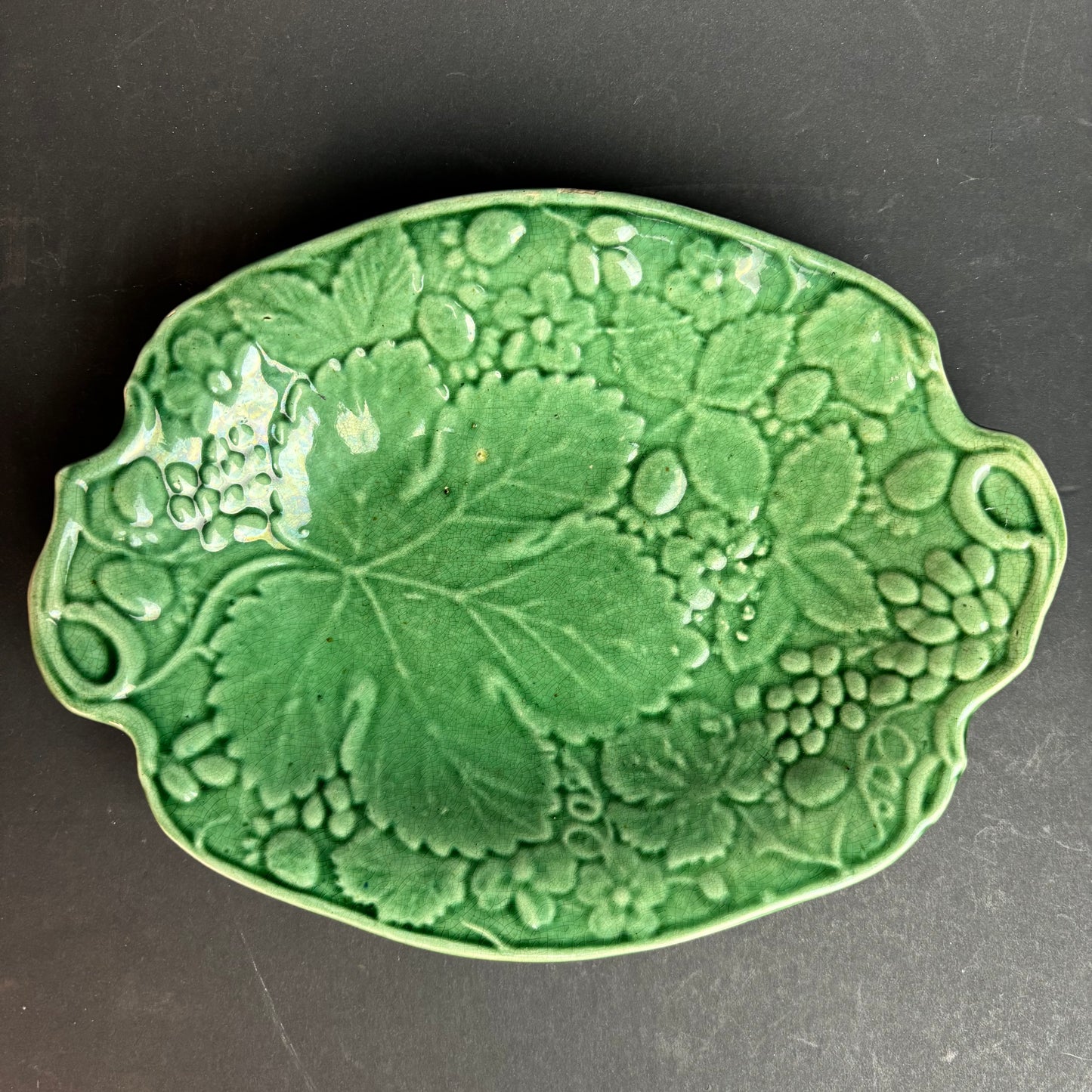 Large Vintage Green Majolica Style Serving Platter – Grape & Vine Relief c.1930s–50s
