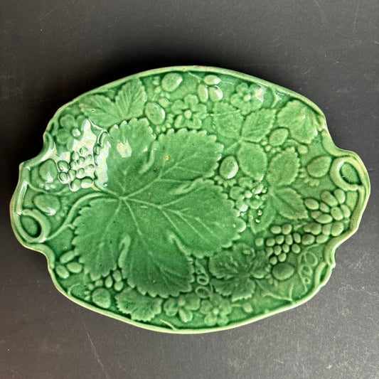 Large Vintage Green Majolica Style Serving Platter – Grape & Vine Relief c.1930s–50s