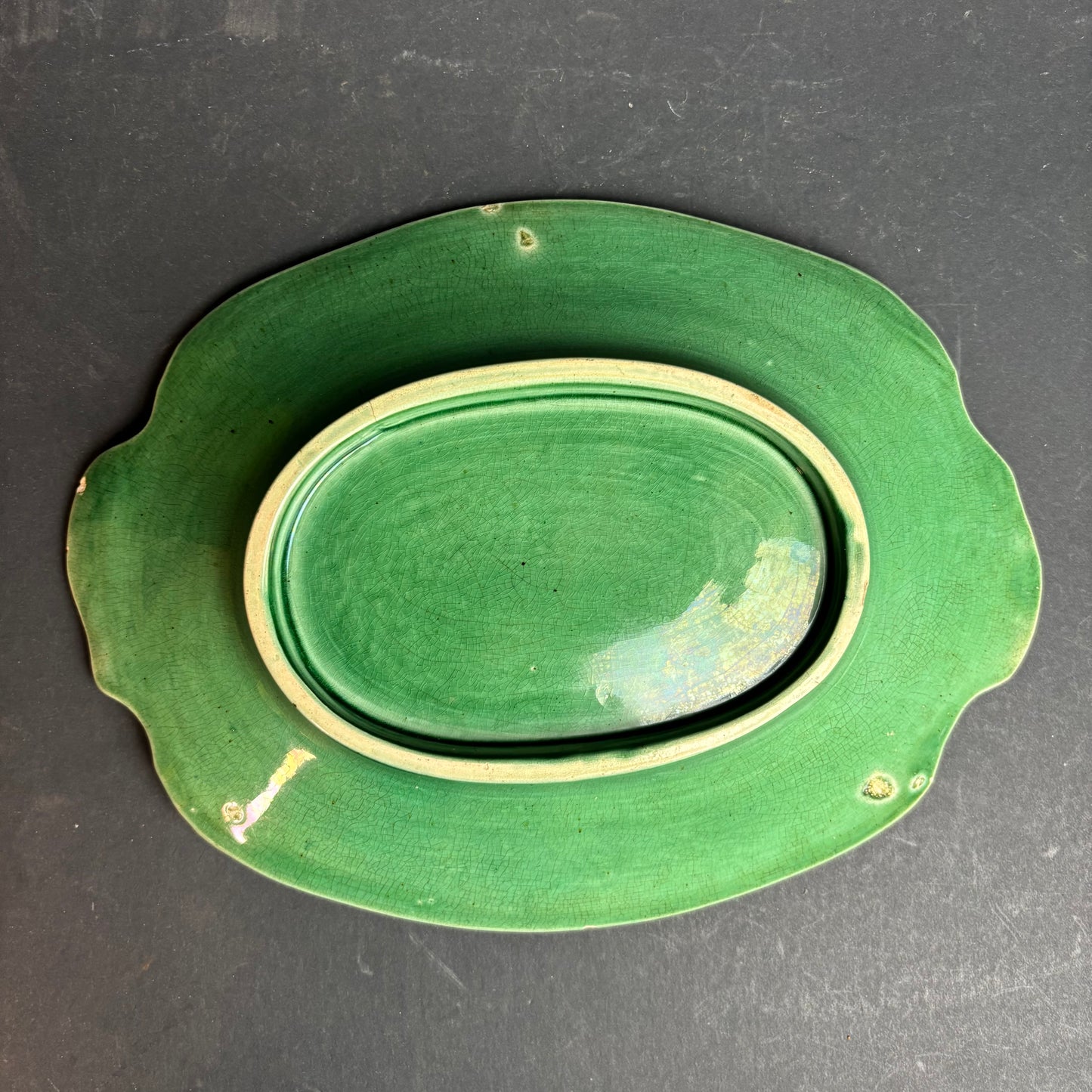 Large Vintage Green Majolica Style Serving Platter – Grape & Vine Relief c.1930s–50s