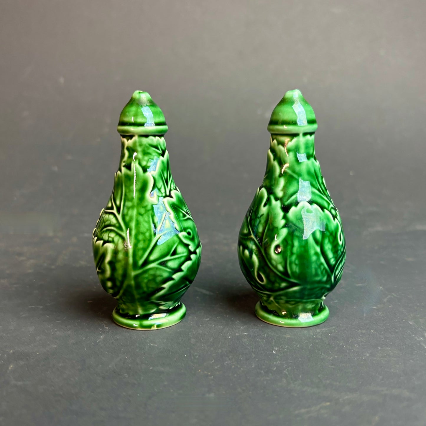 Wedgwood Majolica Cabbage Leaf Salt & Pepper Shakers – Pair c.1930s–50s