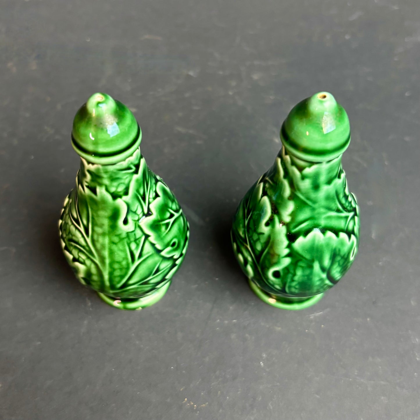 Wedgwood Majolica Cabbage Leaf Salt & Pepper Shakers – Pair c.1930s–50s