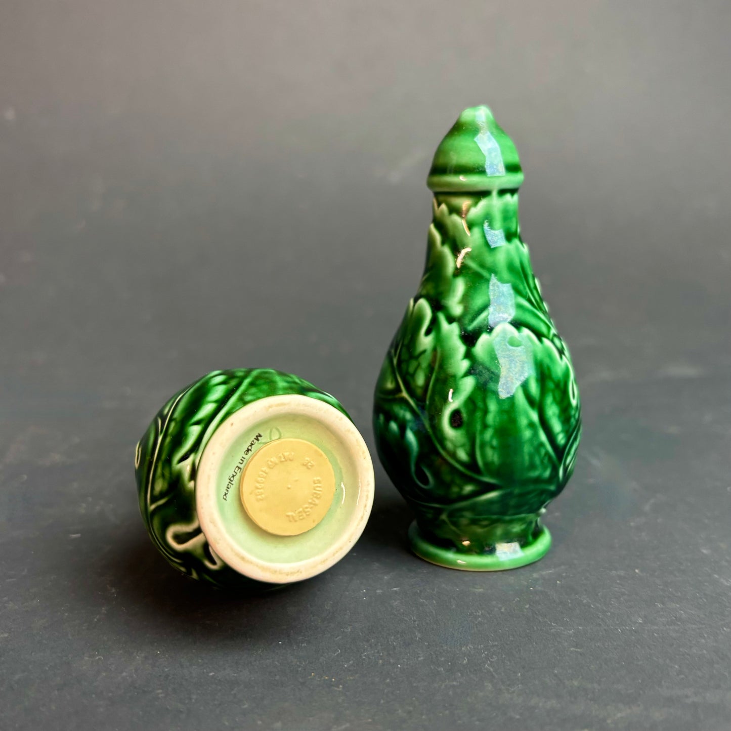 Wedgwood Majolica Cabbage Leaf Salt & Pepper Shakers – Pair c.1930s–50s