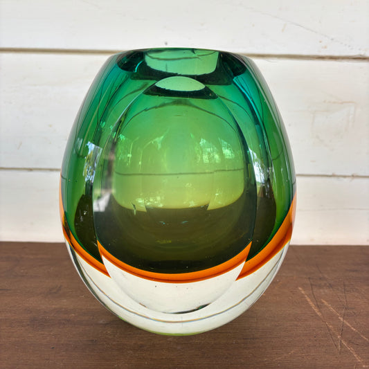 Mid-Century Sommerso Style Glass Vase – Emerald, Olive & Amber Circa 1970s – 3.1kg
