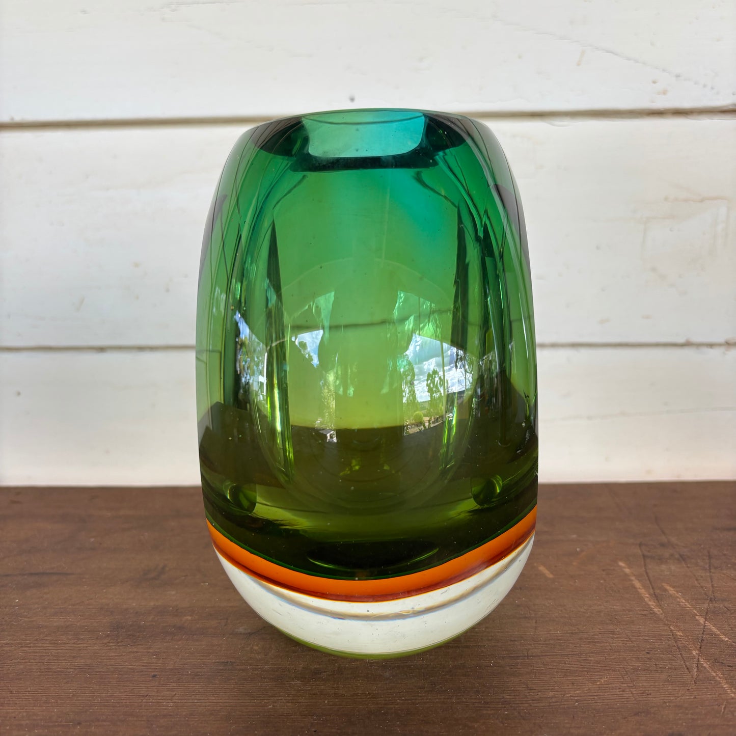 Mid-Century Sommerso Style Glass Vase – Emerald, Olive & Amber Circa 1970s – 3.1kg