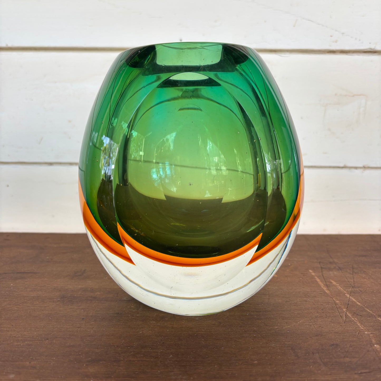 Mid-Century Sommerso Style Glass Vase – Emerald, Olive & Amber Circa 1970s – 3.1kg