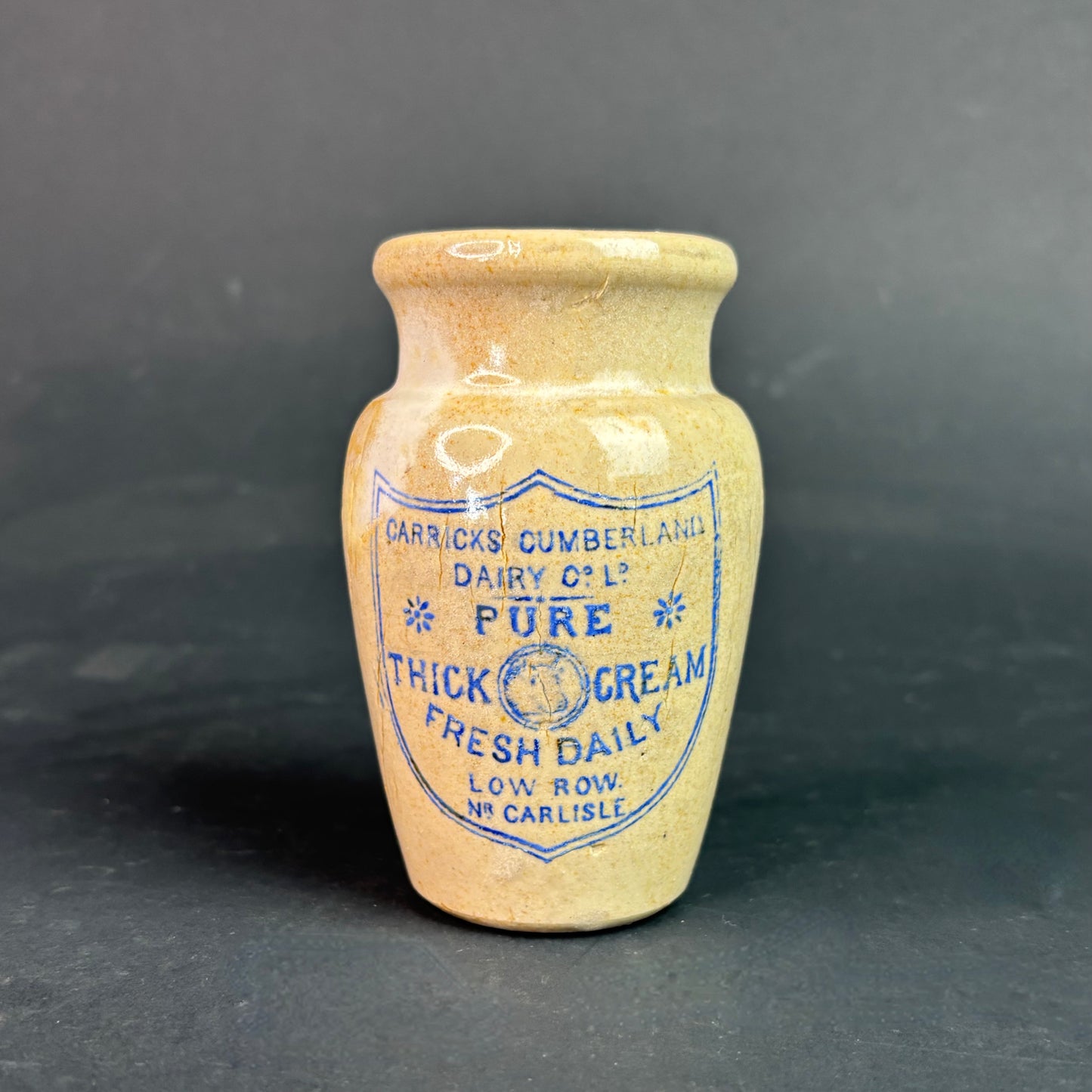 Antique Stoneware Cream Pot – Carricks Cumberland Dairy Co Ltd, Low Row Nr Carlisle – Advertising Pot