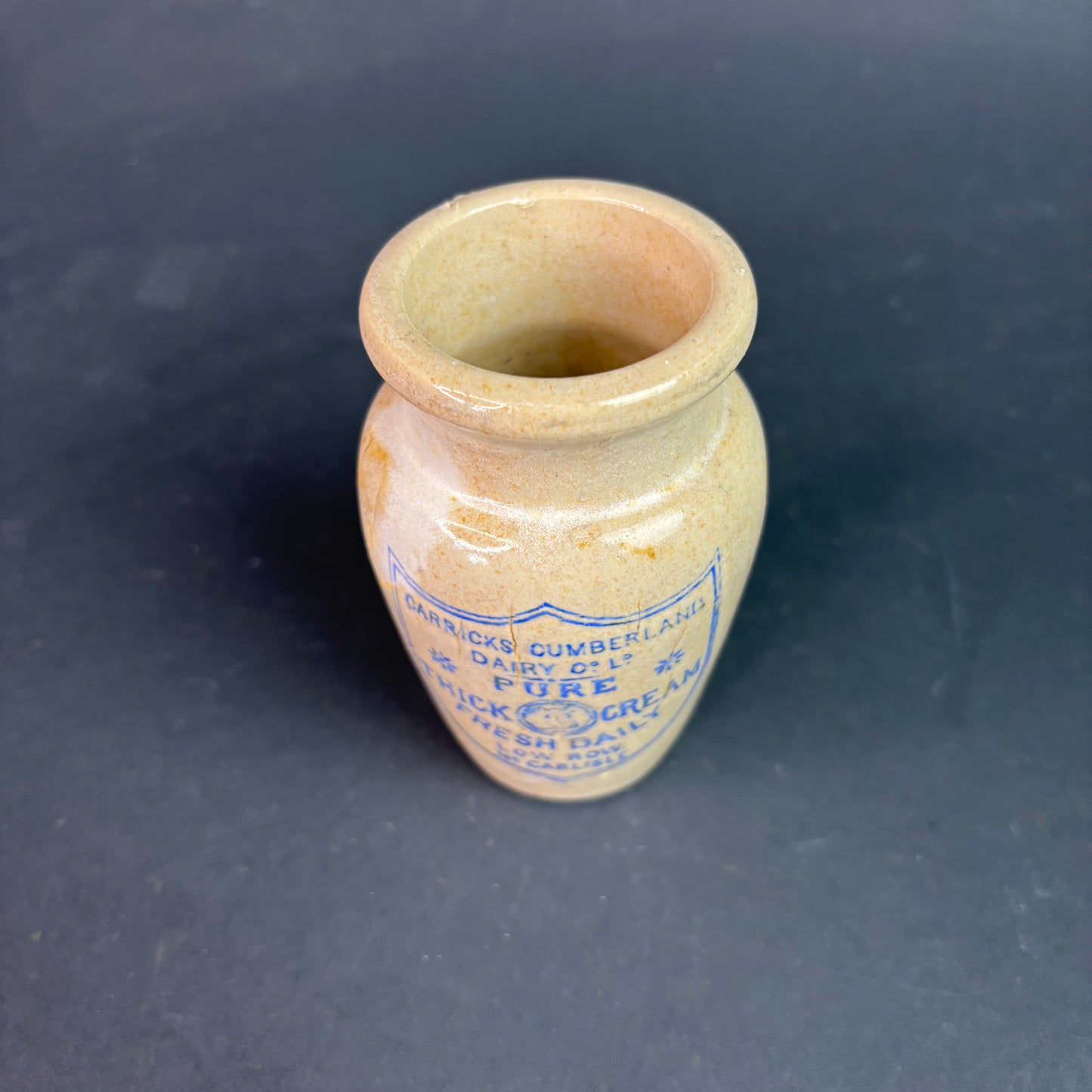 Antique Stoneware Cream Pot – Carricks Cumberland Dairy Co Ltd, Low Row Nr Carlisle – Advertising Pot