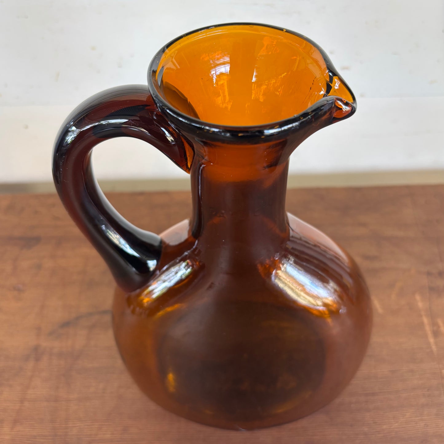 Tall Vintage Amber Glass Jug/Pitcher with Applied Handle (28 cm)