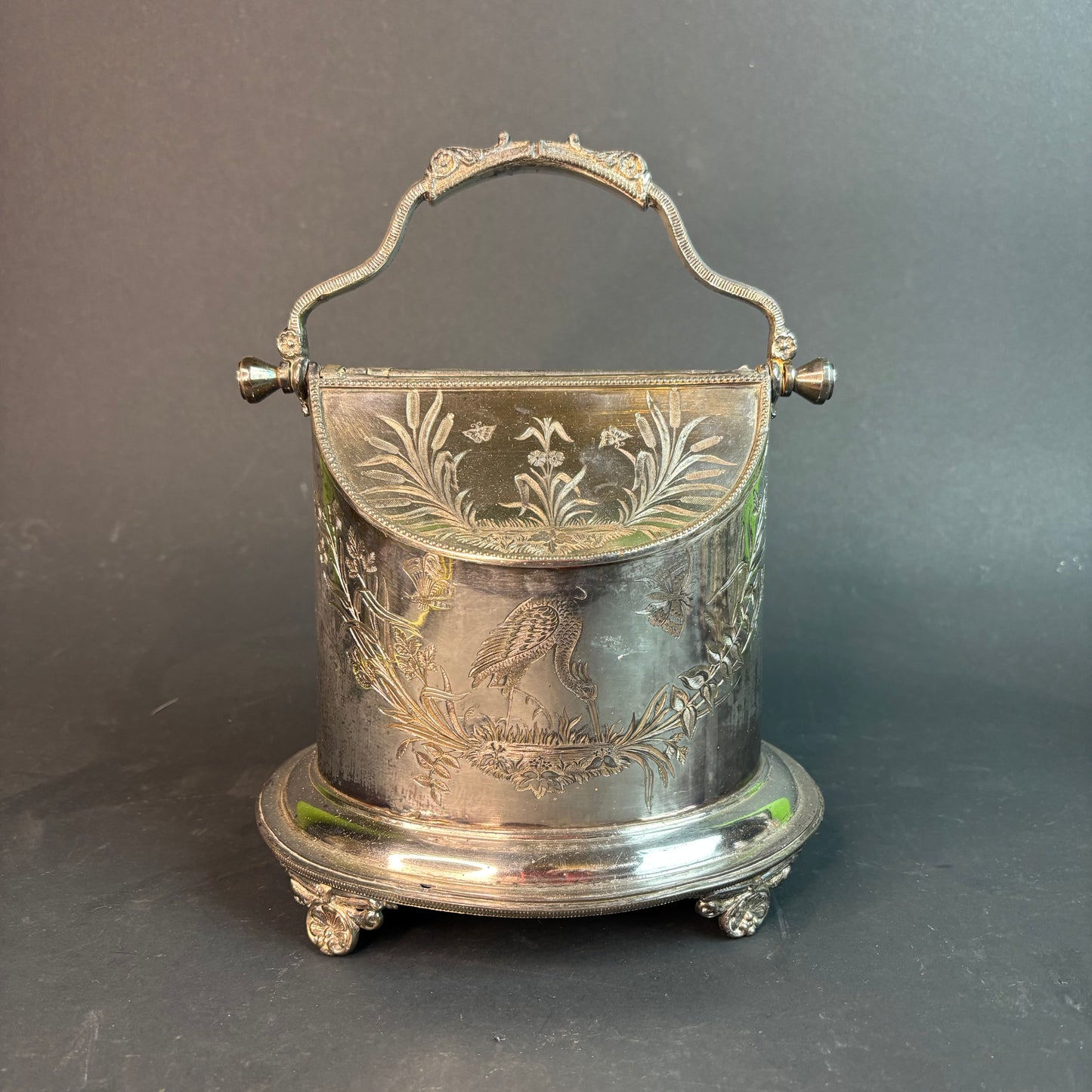 Victorian Silverplate Biscuit Barrel with Crane Engraving c.1890