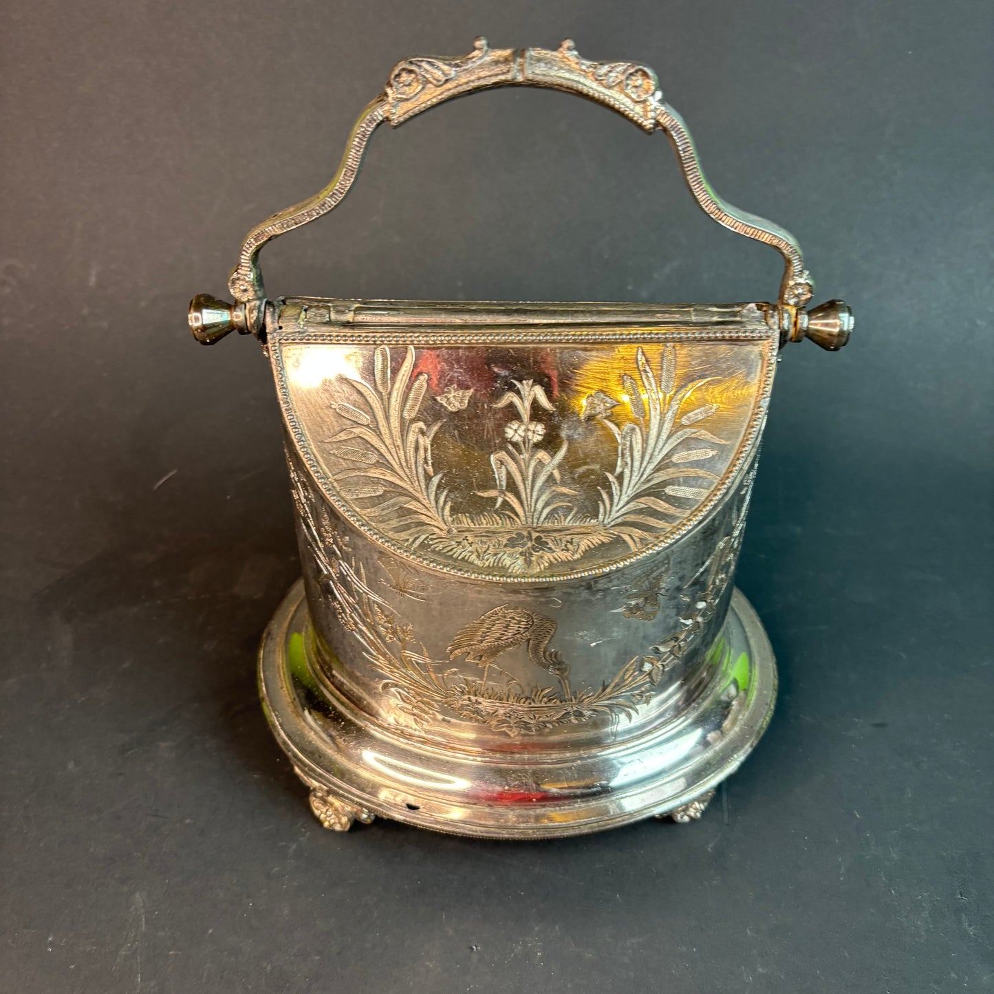 Victorian Silverplate Biscuit Barrel with Crane Engraving c.1890