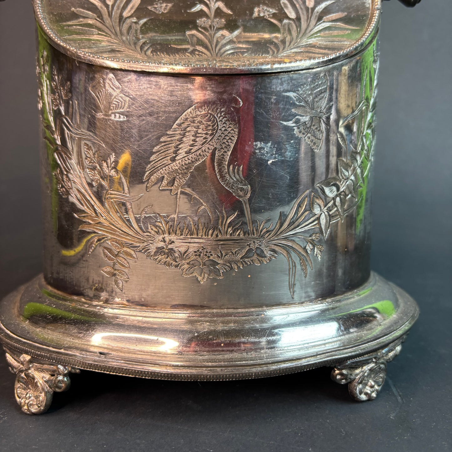 Victorian Silverplate Biscuit Barrel with Crane Engraving c.1890