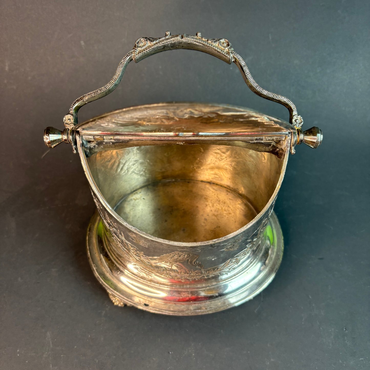 Victorian Silverplate Biscuit Barrel with Crane Engraving c.1890