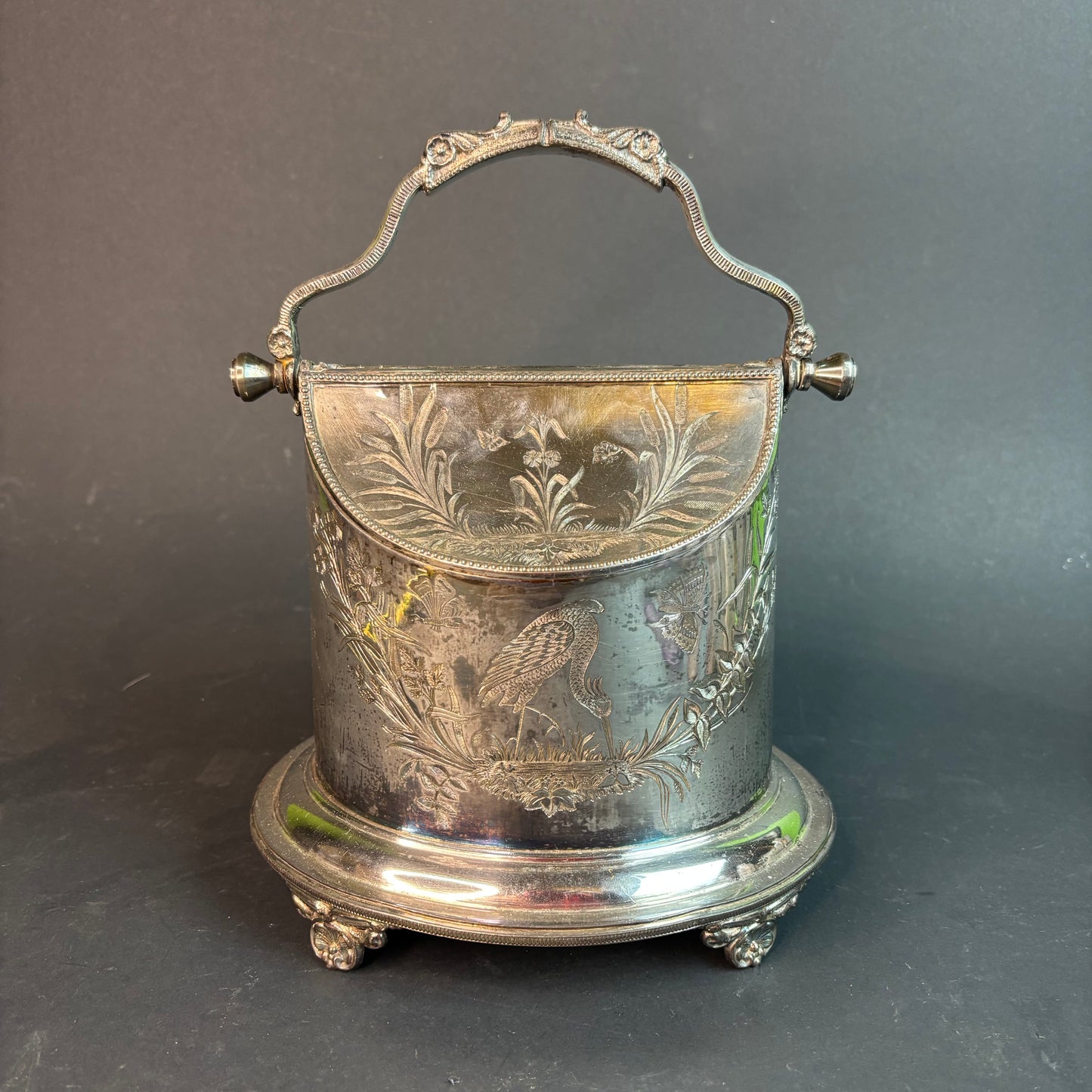 Victorian Silverplate Biscuit Barrel with Crane Engraving c.1890