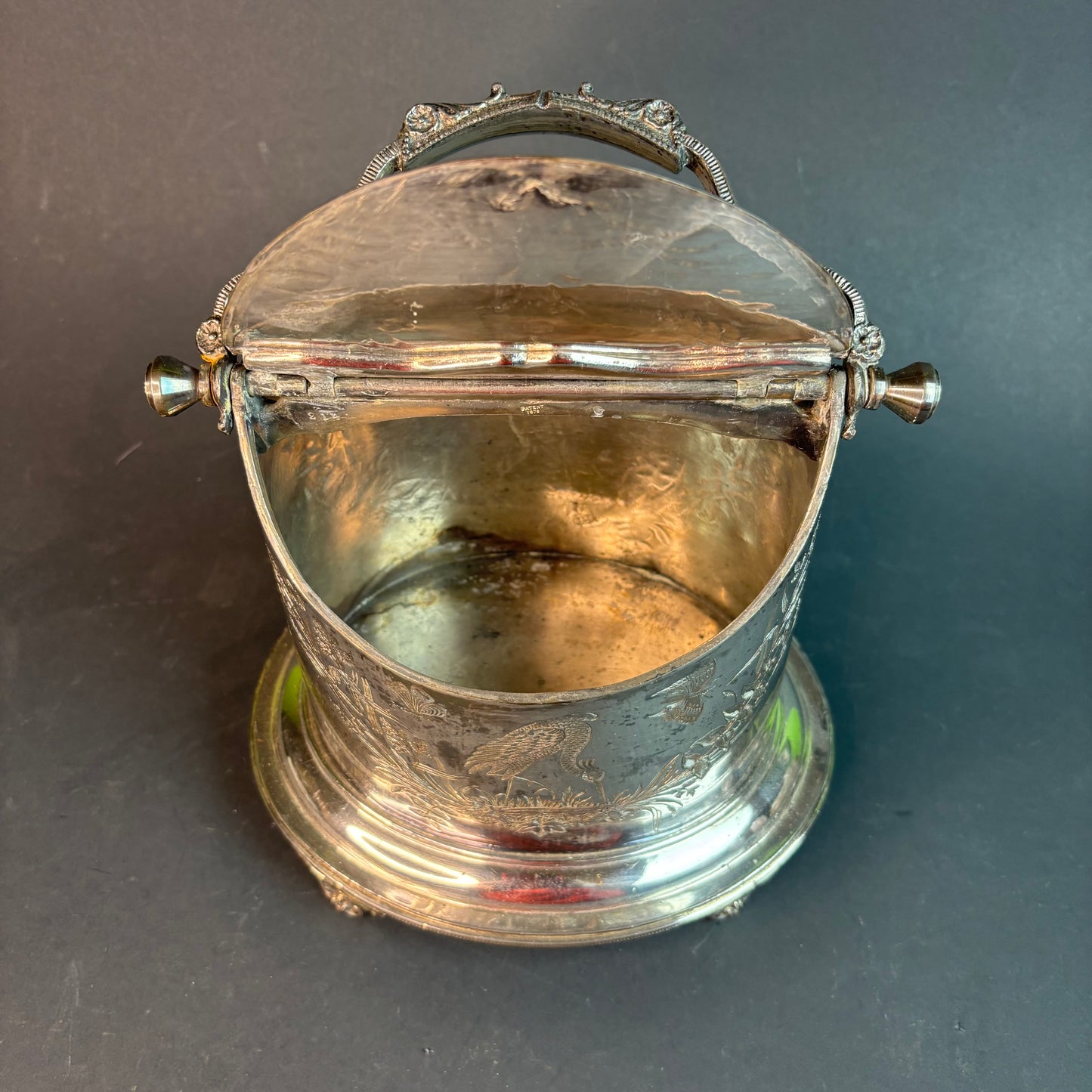 Victorian Silverplate Biscuit Barrel with Crane Engraving c.1890