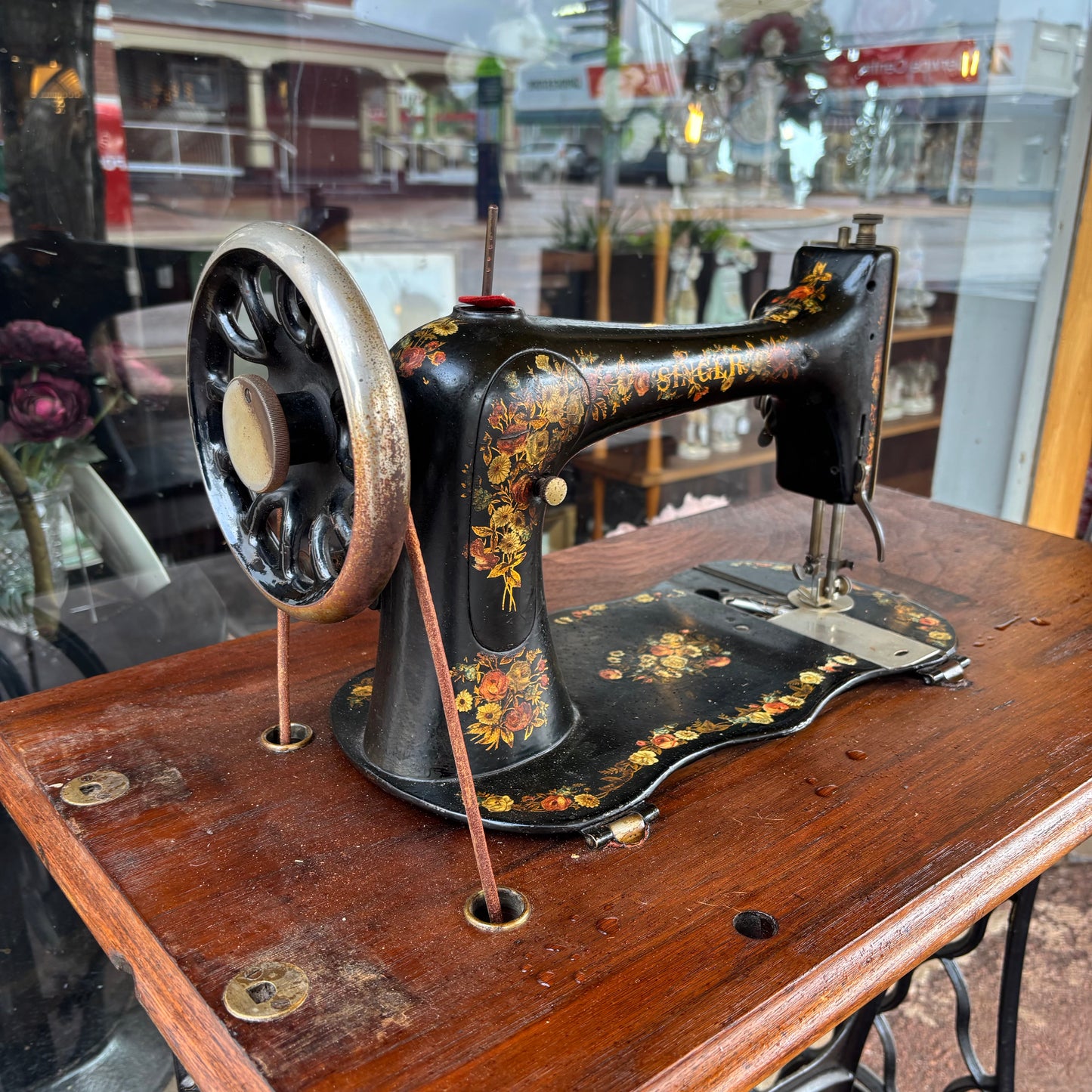 Singer Treadle Sewing Machine with Cast Iron Base & Timber Top
