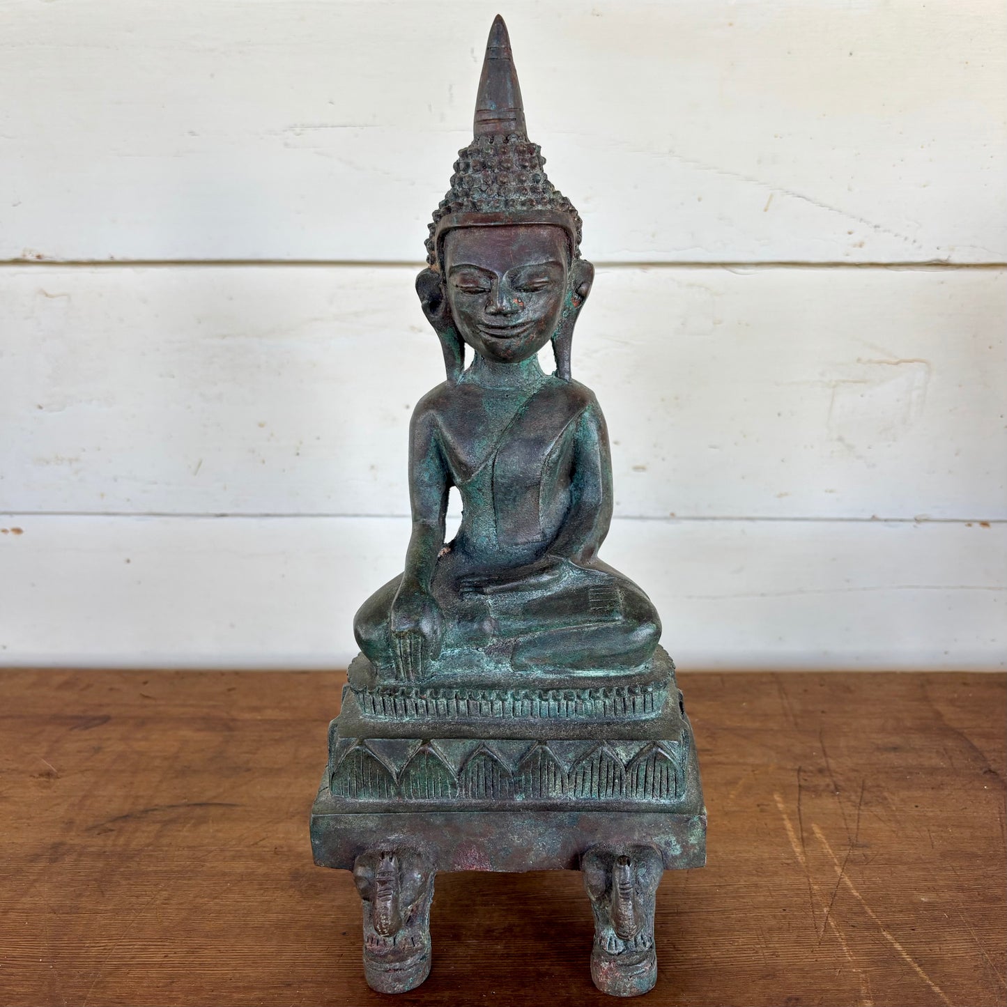 Vintage Thai Bronze Buddha on Elephant Base – Bhumisparsha Mudra (30 cm)