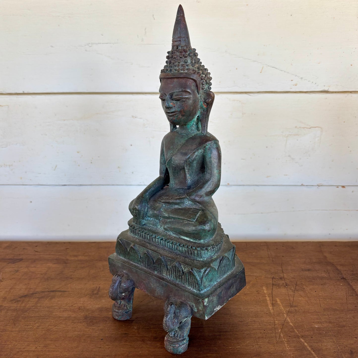 Vintage Thai Bronze Buddha on Elephant Base – Bhumisparsha Mudra (30 cm)