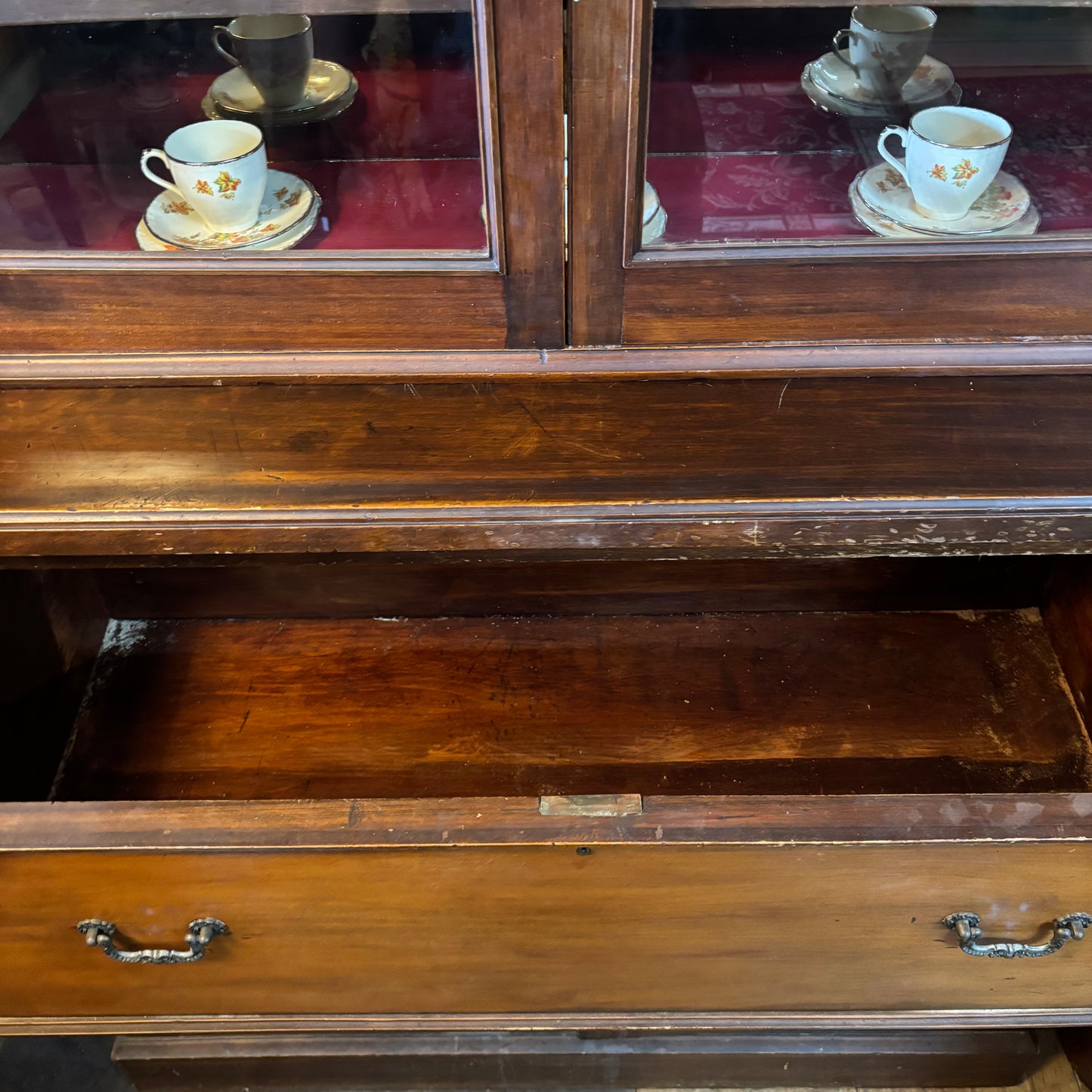 Antique Cedar & Mahogany Display Hutch with Drawer & Base Storage