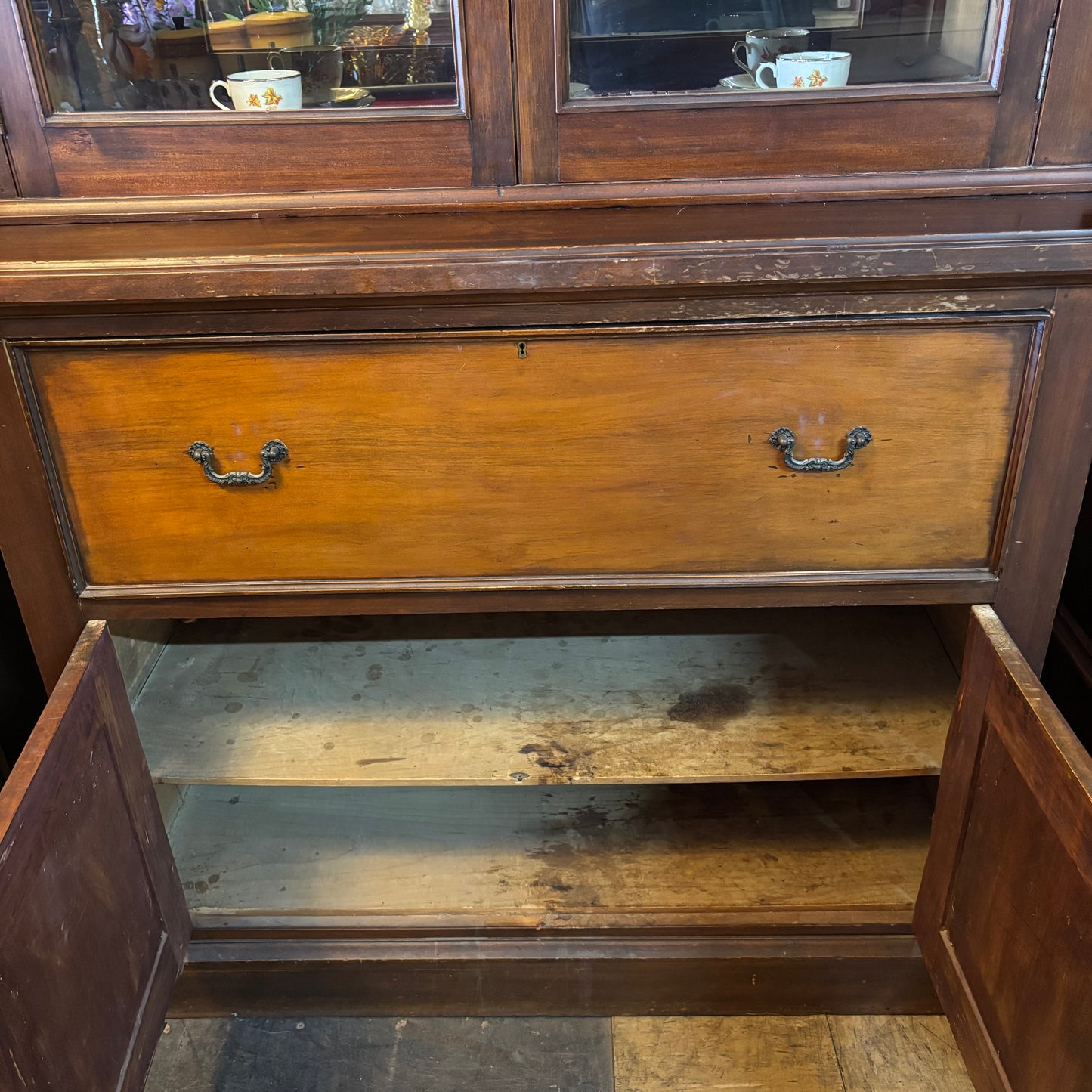 Antique Cedar & Mahogany Display Hutch with Drawer & Base Storage