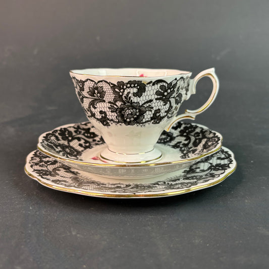 Royal Albert Senorita Trio Teacup Saucer Plate Black Lace Rose England