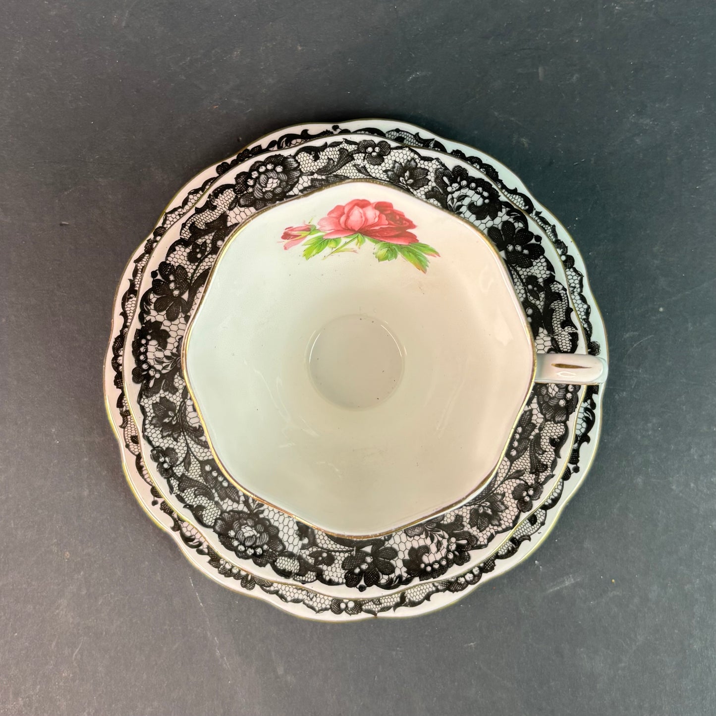 Royal Albert Senorita Trio Teacup Saucer Plate Black Lace Rose England