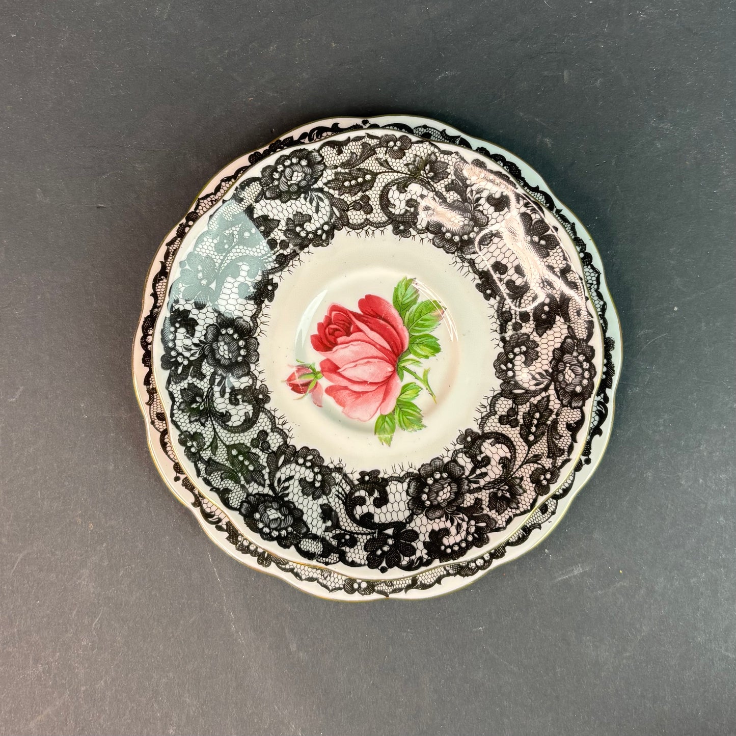 Royal Albert Senorita Trio Teacup Saucer Plate Black Lace Rose England