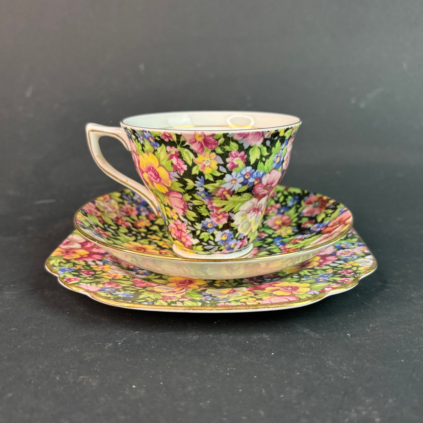 Vintage Rosina Chintz Teacup Trio – Black Ground Floral – Bone China England