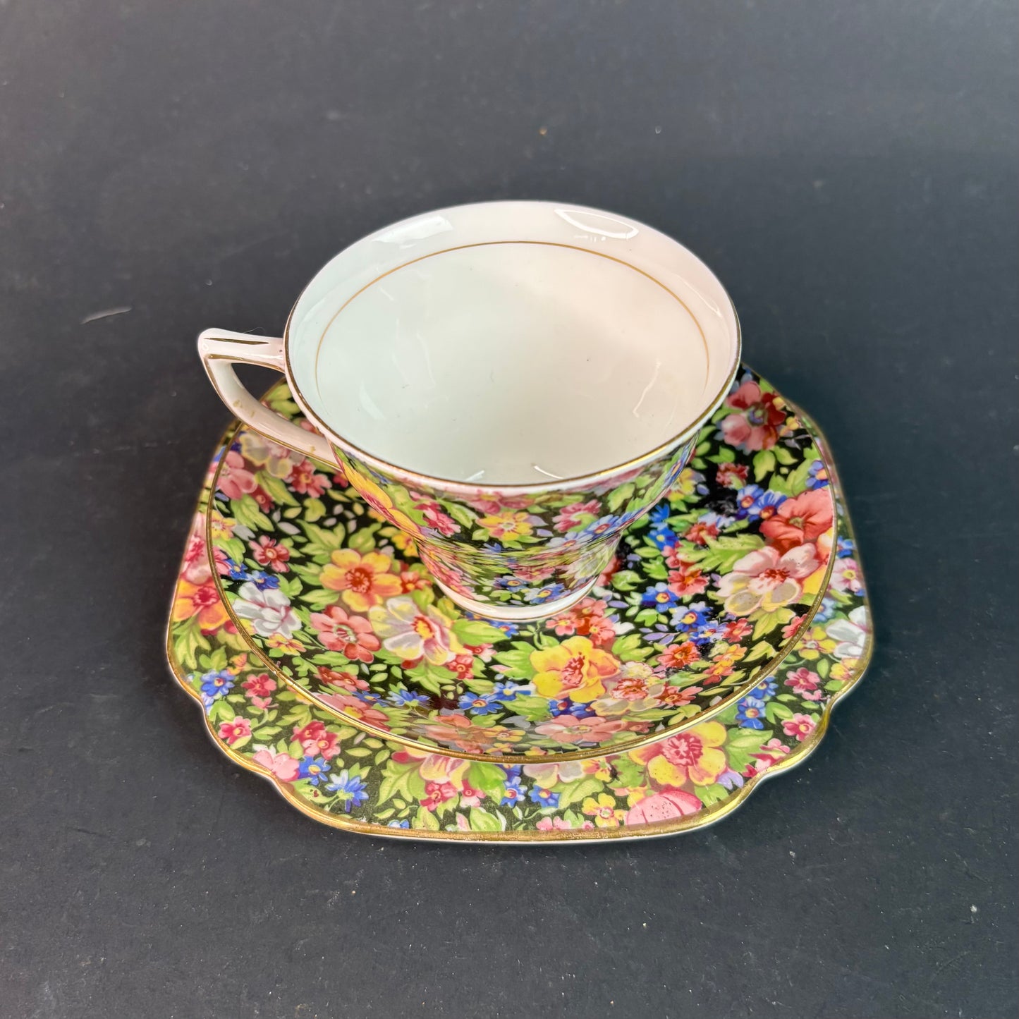 Vintage Rosina Chintz Teacup Trio – Black Ground Floral – Bone China England