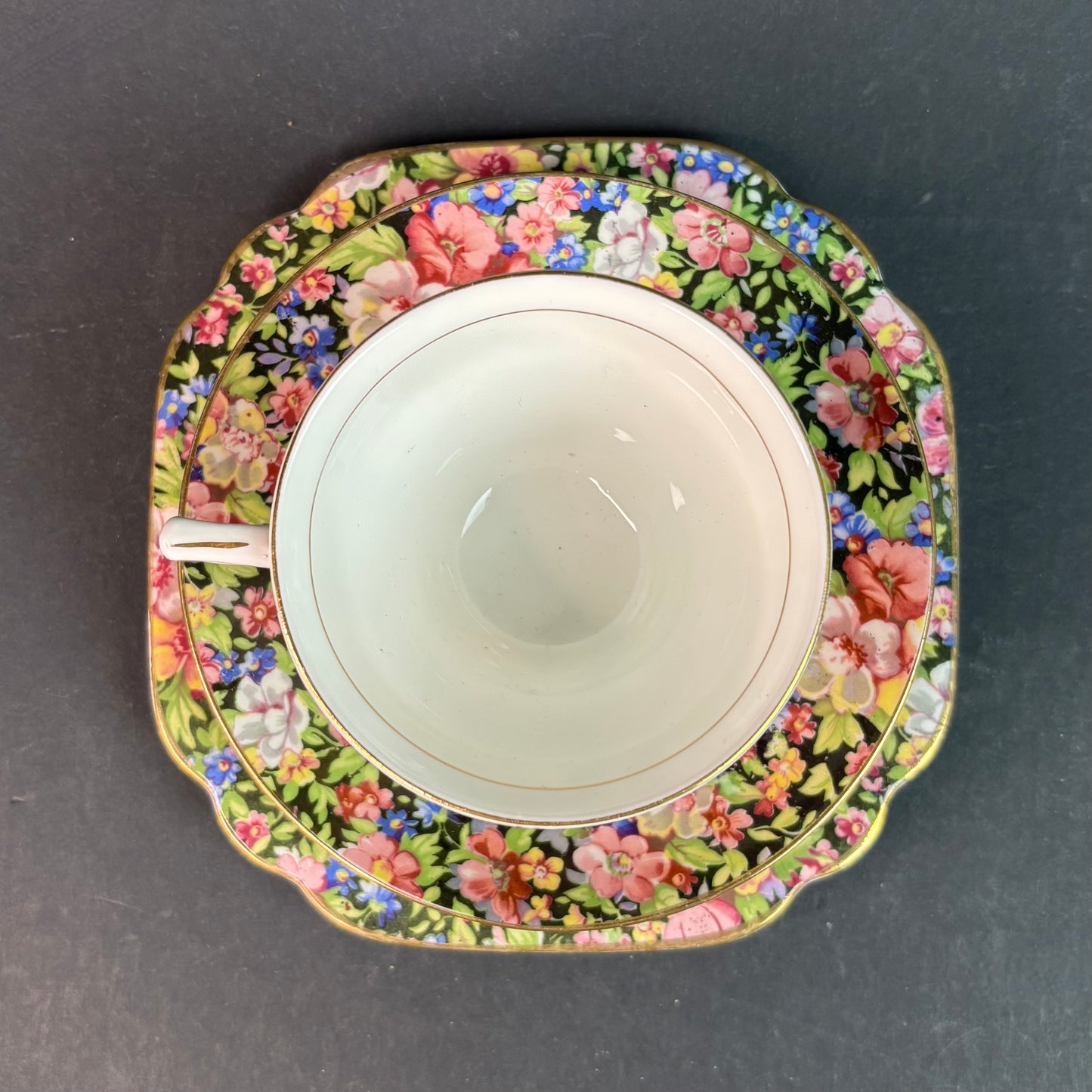 Vintage Rosina Chintz Teacup Trio – Black Ground Floral – Bone China England