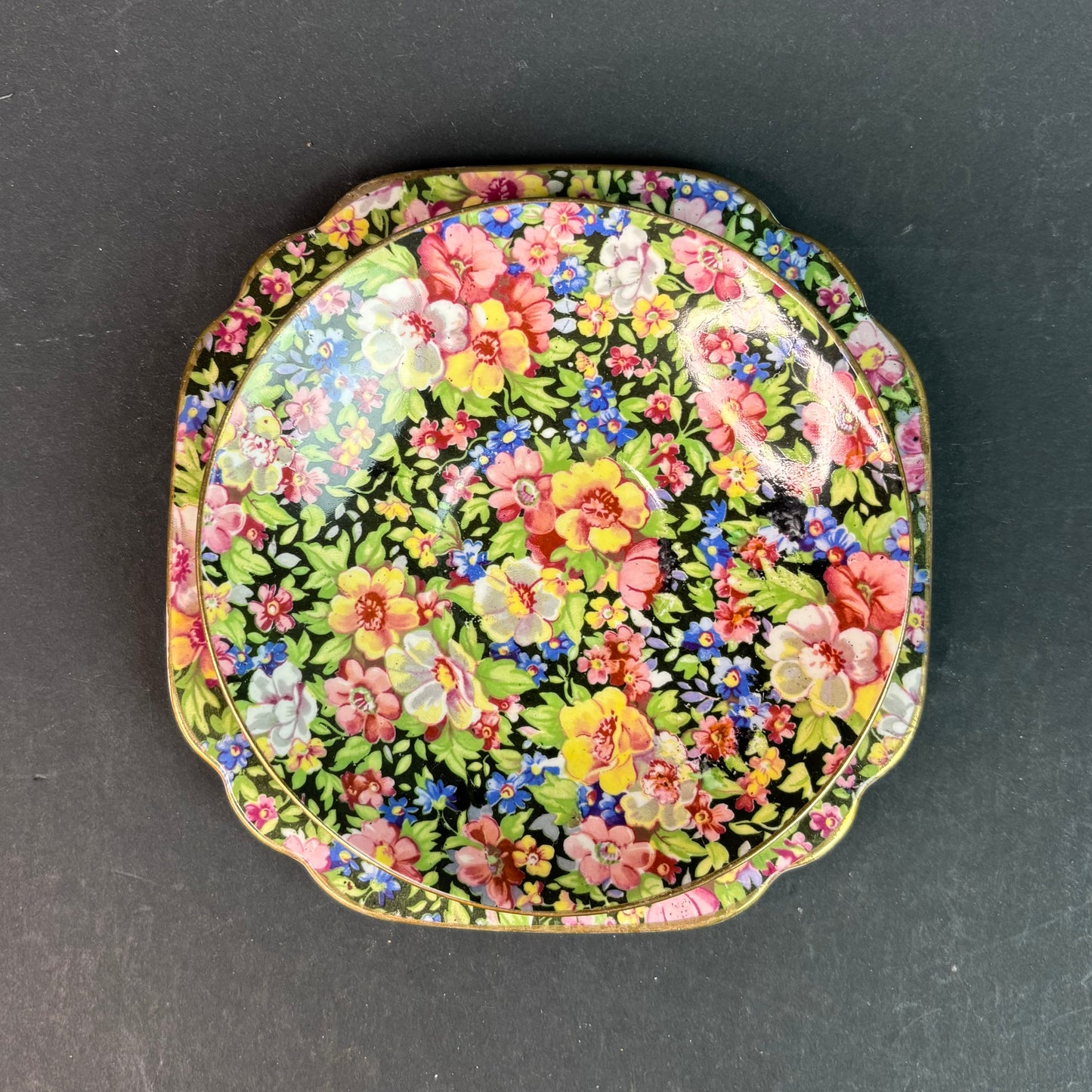 Vintage Rosina Chintz Teacup Trio – Black Ground Floral – Bone China England