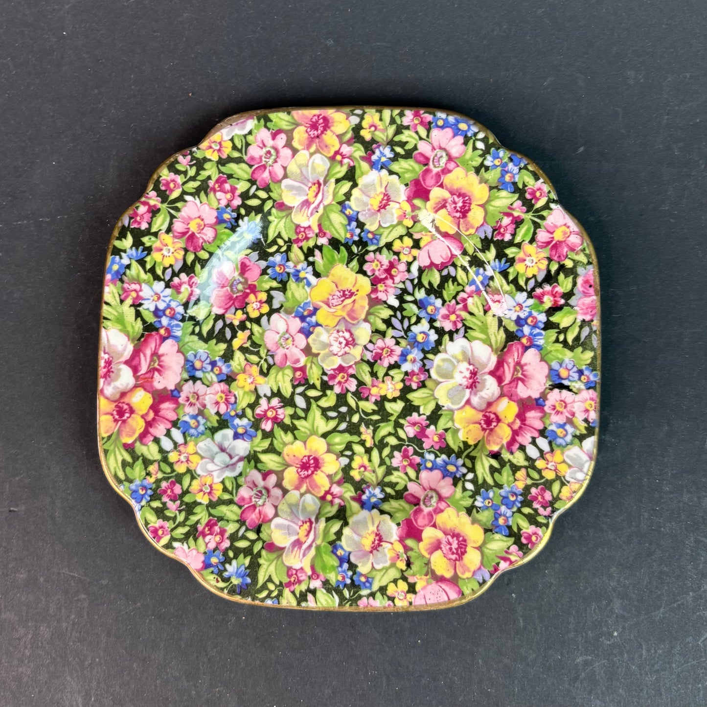 Vintage Rosina Chintz Teacup Trio – Black Ground Floral – Bone China England