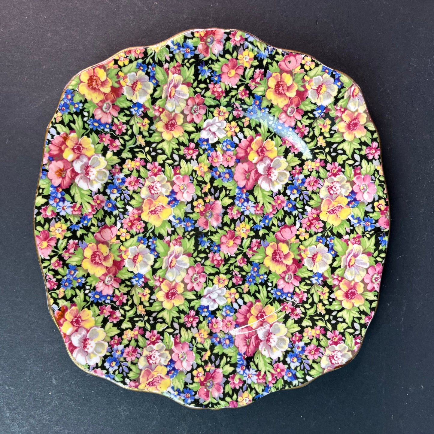 Rosina Bone China Chintz Cake Plate Black Floral England c.1940s–50s