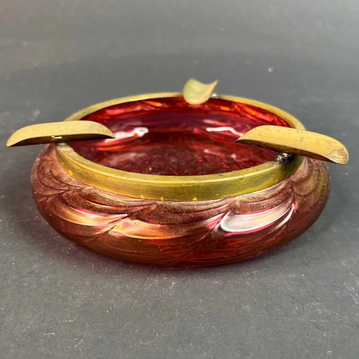 Vintage Czech Bohemian Red Carnival Glass Ashtray – Pressed Glass with Brass Cigarette Rest c.1960s