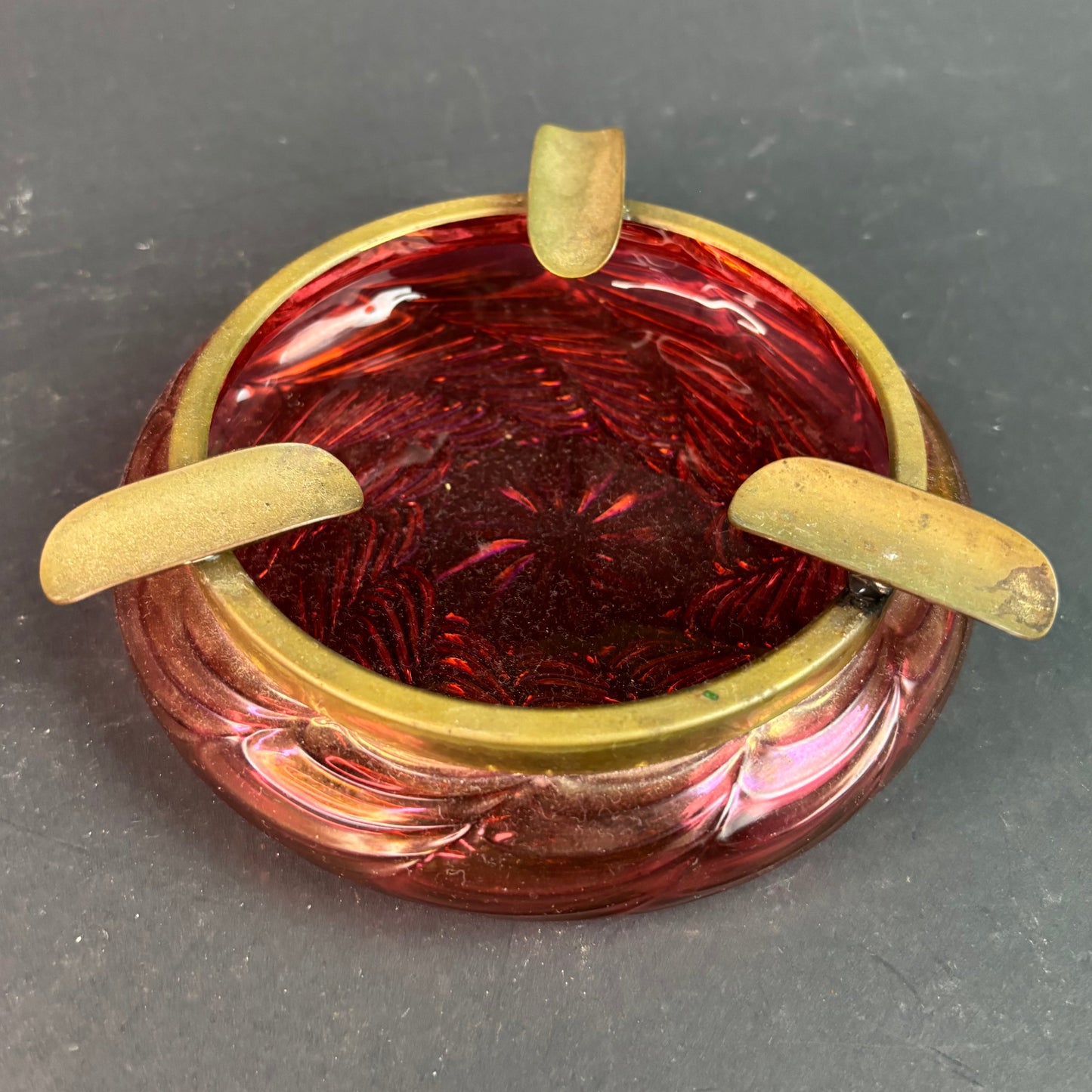 Vintage Czech Bohemian Red Carnival Glass Ashtray – Pressed Glass with Brass Cigarette Rest c.1960s