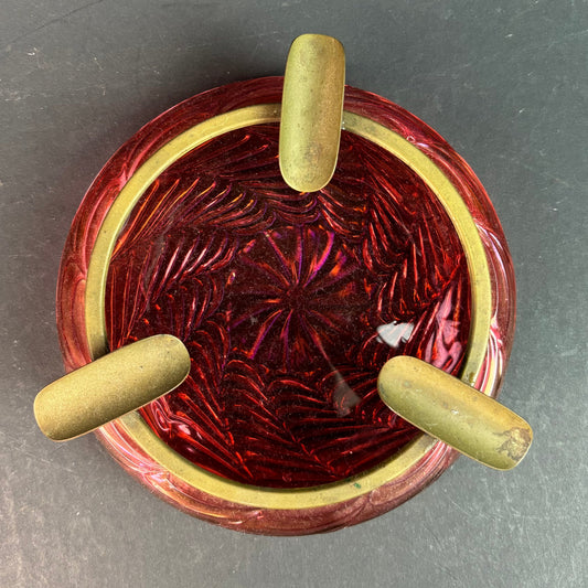 Vintage Czech Bohemian Red Carnival Glass Ashtray – Pressed Glass with Brass Cigarette Rest c.1960s