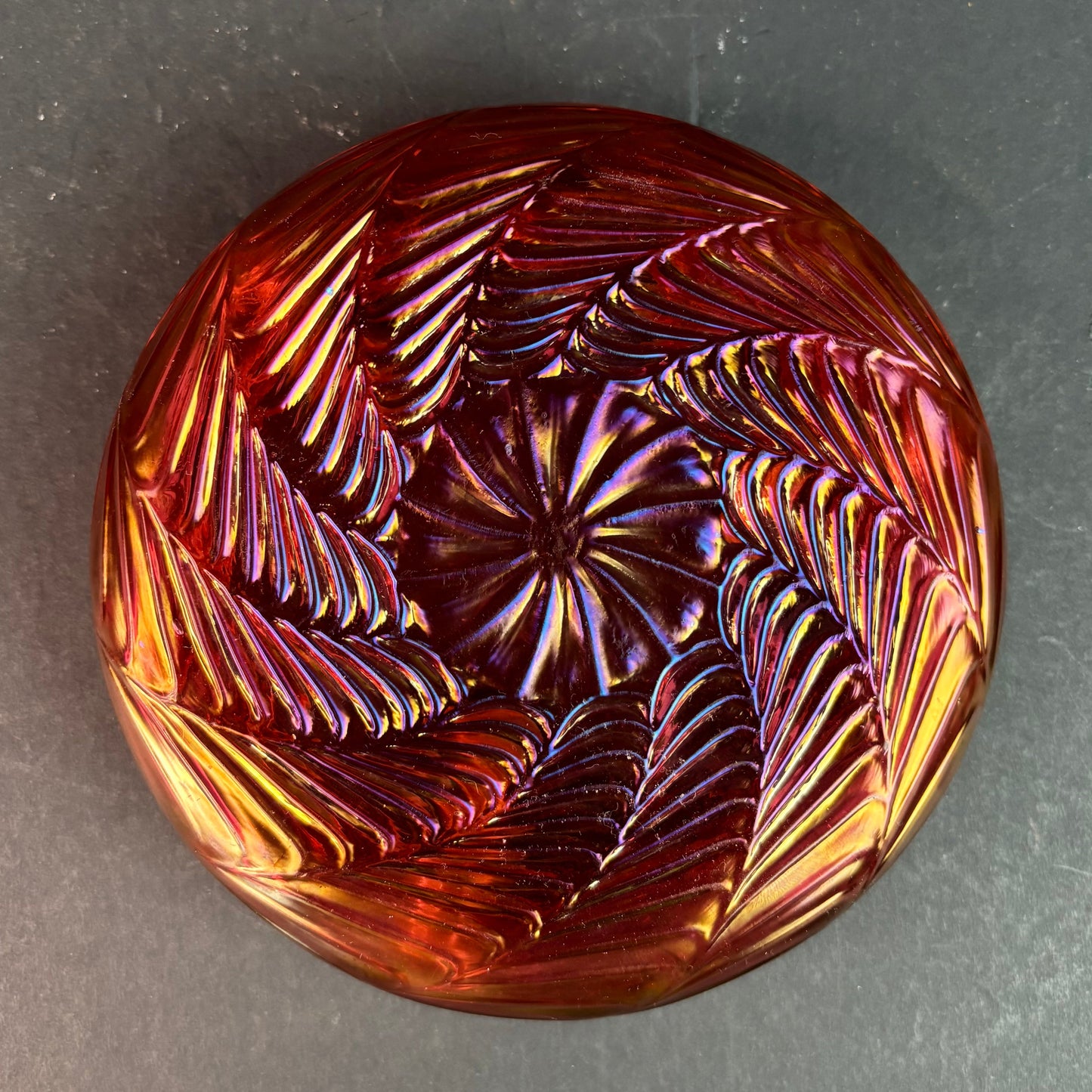 Vintage Czech Bohemian Red Carnival Glass Ashtray – Pressed Glass with Brass Cigarette Rest c.1960s