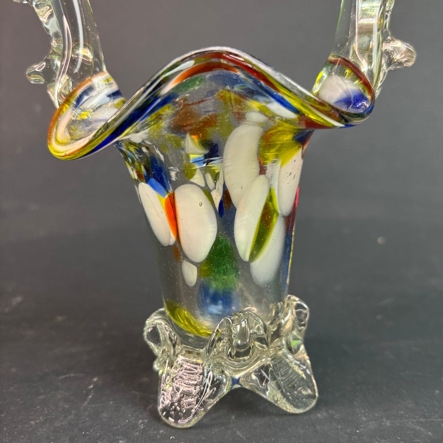 Vintage Murano Style Miniature Art Glass Basket Vase – Multicolour Spatter with Applied Prunts