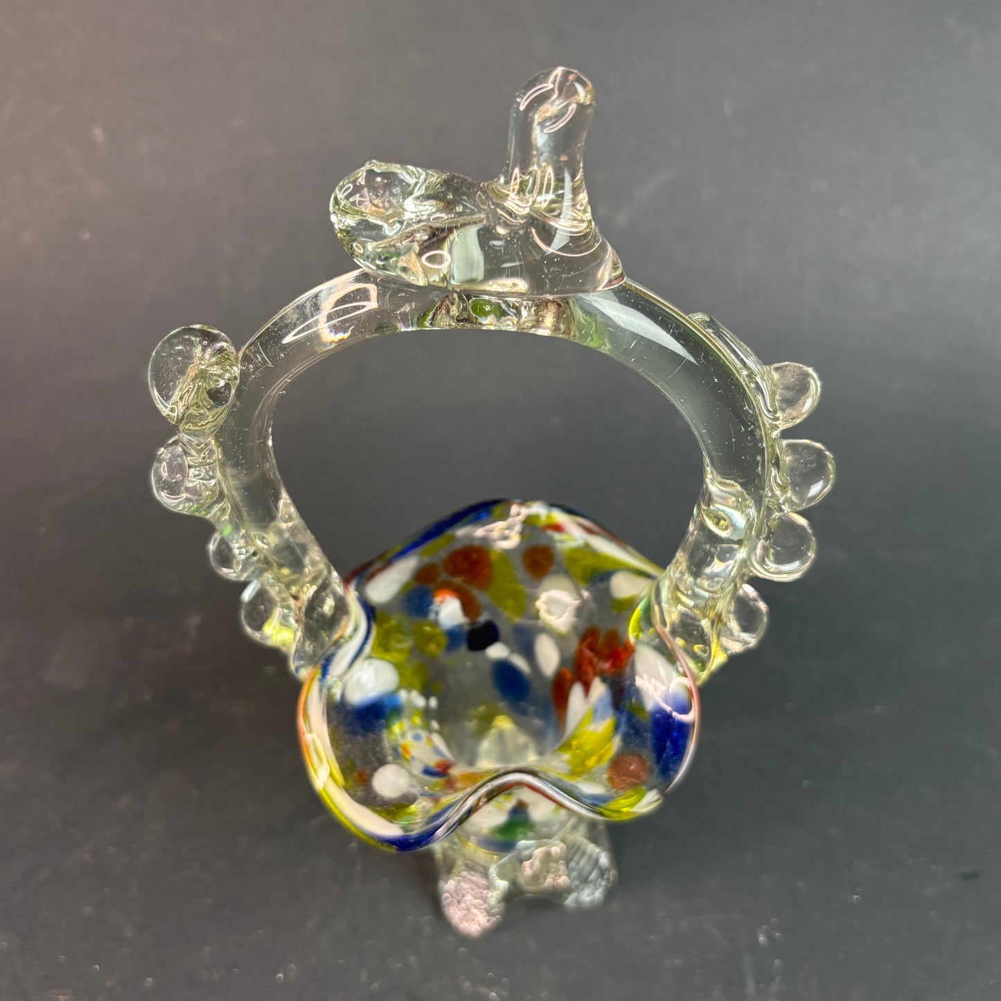 Vintage Murano Style Miniature Art Glass Basket Vase – Multicolour Spatter with Applied Prunts