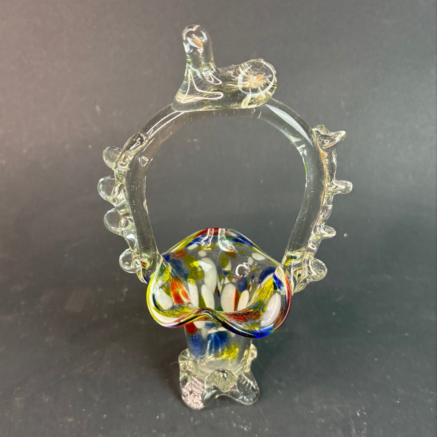 Vintage Murano Style Miniature Art Glass Basket Vase – Multicolour Spatter with Applied Prunts