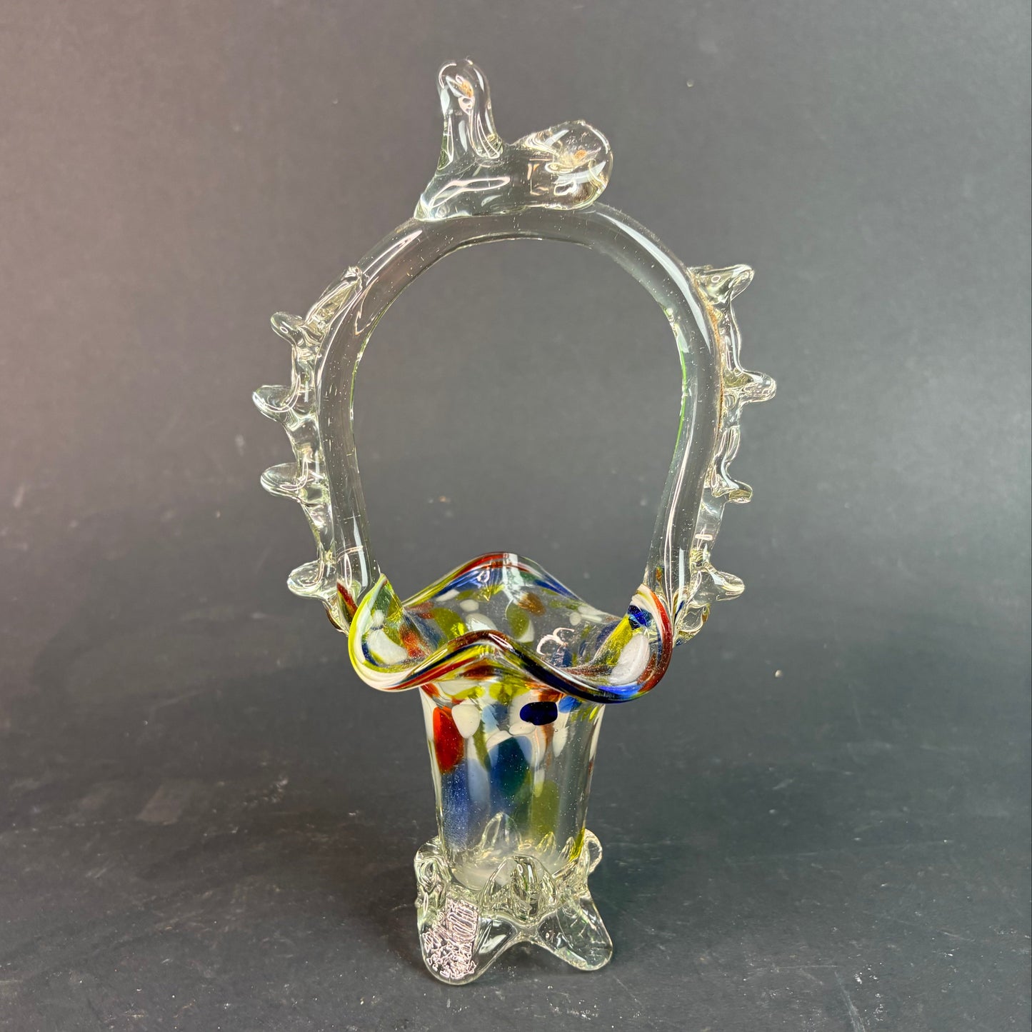 Vintage Murano Style Miniature Art Glass Basket Vase – Multicolour Spatter with Applied Prunts