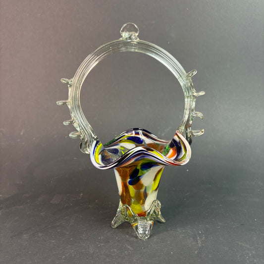 Vintage Murano Style Art Glass Basket Vase – Multicolour Spatter with Applied Prunts & Crimped Rim
