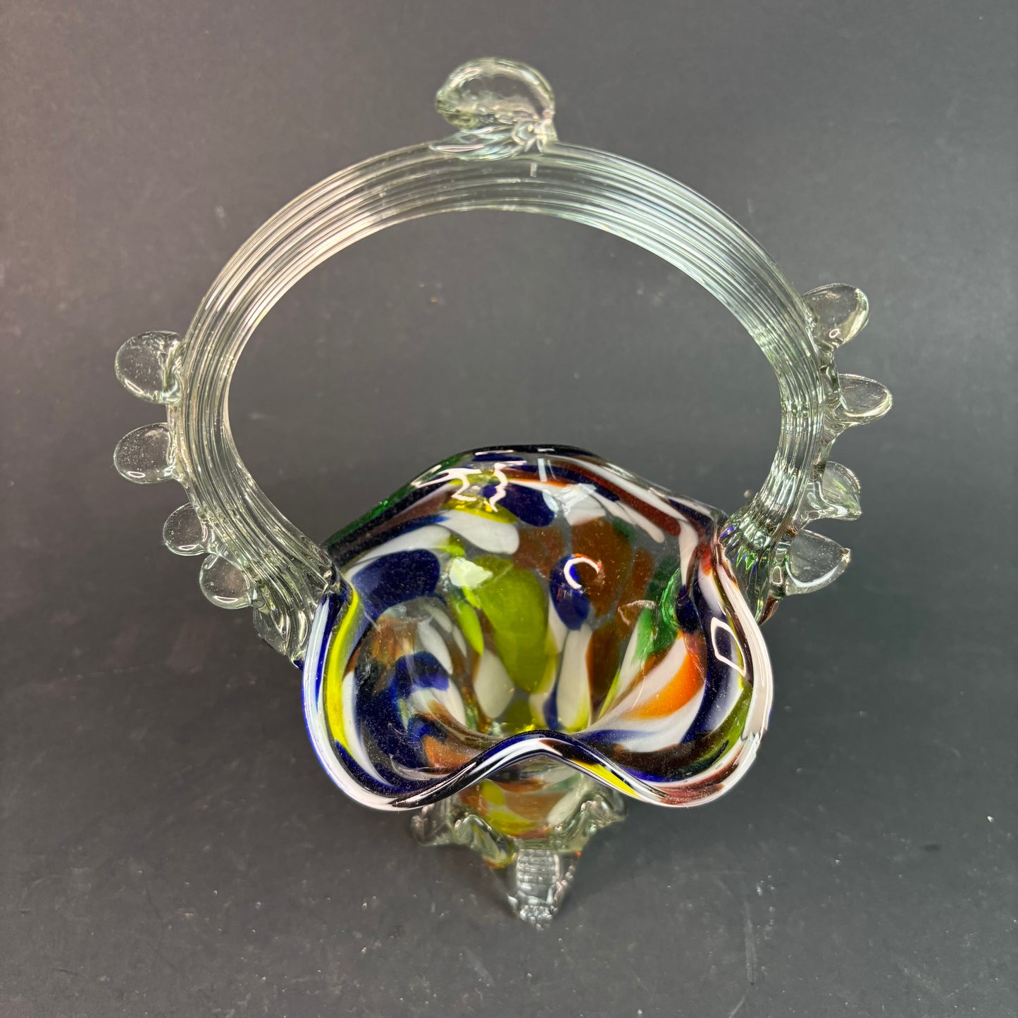 Vintage Murano Style Art Glass Basket Vase – Multicolour Spatter with Applied Prunts & Crimped Rim