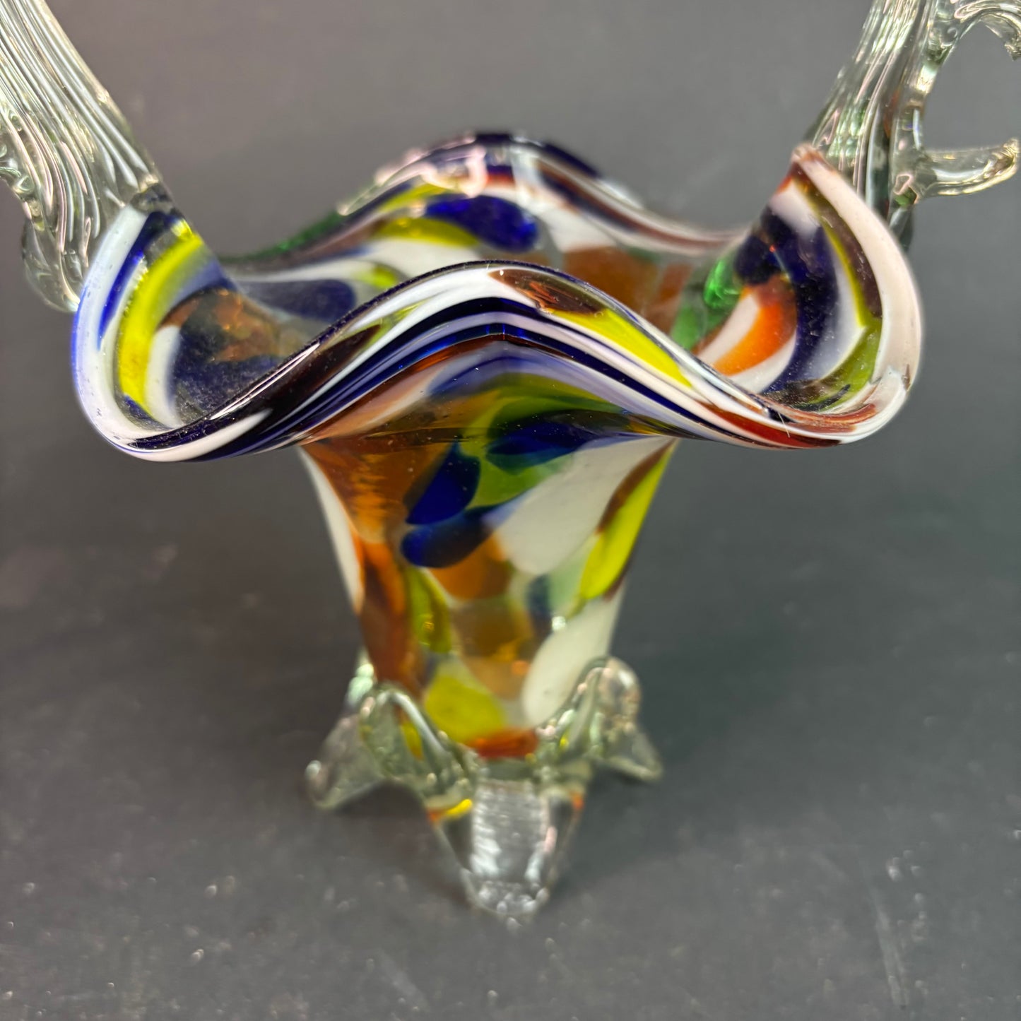 Vintage Murano Style Art Glass Basket Vase – Multicolour Spatter with Applied Prunts & Crimped Rim