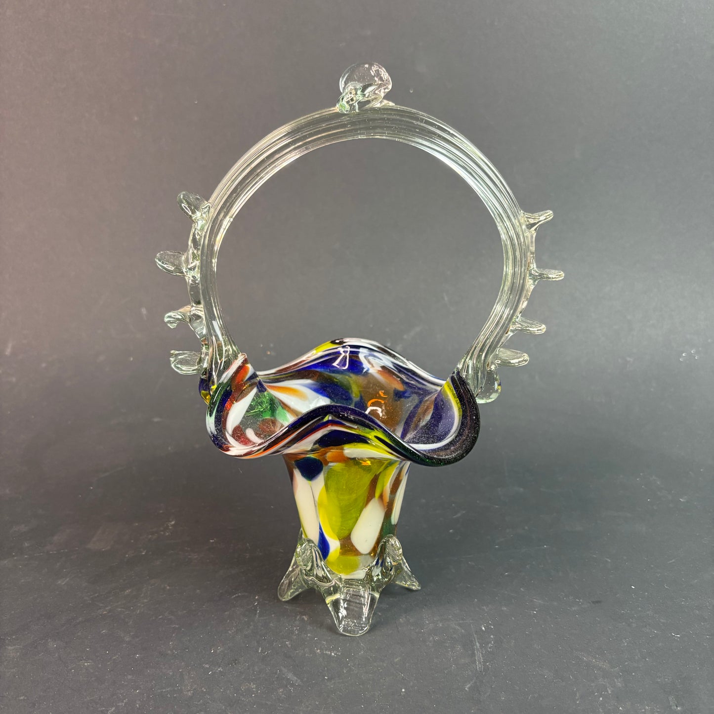 Vintage Murano Style Art Glass Basket Vase – Multicolour Spatter with Applied Prunts & Crimped Rim