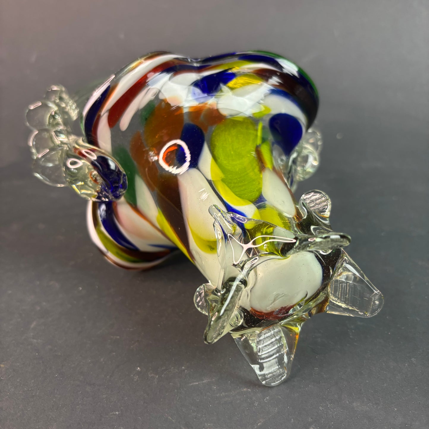 Vintage Murano Style Art Glass Basket Vase – Multicolour Spatter with Applied Prunts & Crimped Rim